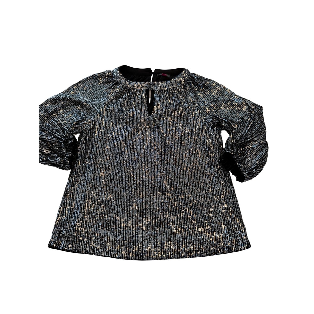 Vince Camuto Silver Sequin Blouse Keyhole Balloon Sleeve Top S